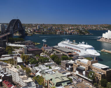 Elevated view of Sydney Harbour Bridge from the Rocks in Sydney, New South Wales, NSW, Australia,