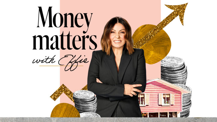 Portrait of Finance expert Effie Zahos with a background collage of money themed imagery