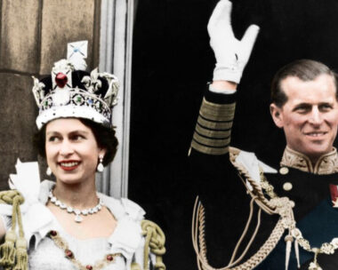 Queen Elizabeth II and the Duke of Edinburgh on the day of their coronation, Buckingham Palace, 1953. (Colorised black and white print). Artist Unknown. (Photo by The Print Collector/Getty Images)