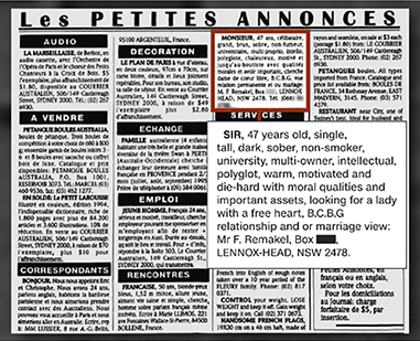 A lonely hearts listing in a newspaper.