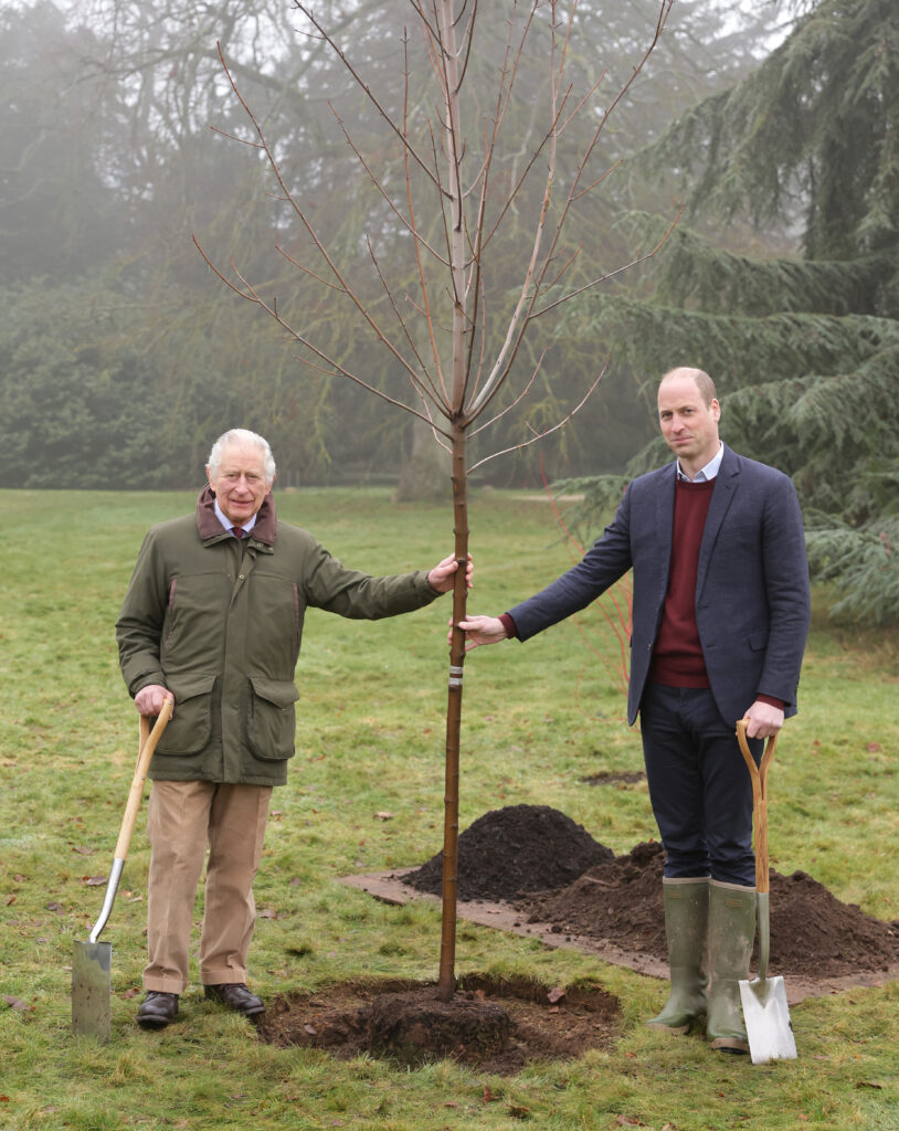 KING'S LYNN, ENGLAND - APRIL 02: (EDITORIAL USE ONLY. REQUIRES PERMISSION FROM BUCKIGHAM PALACE) King Charles III and Prince William, Prince of Wales plant a tree to mark the end of The Queen's Green Canopy initiative in the gardens of Sandringham House, in an image released on April 2, 2023 in King's Lynn, United Kingdom. (Photo by Chris Jackson/Getty Images For Buckingham Palace)
