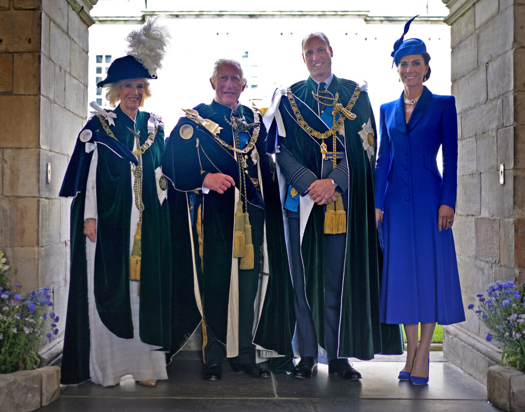 EDINBURGH, SCOTLAND - JULY 05: (L-R) Queen Camilla, King Charles III, Prince William, Prince of Wales, known as the Duke of Rothesay while in Scotland, and Catherine, Princess of Wales, known as the Duchess of Rothesay while in Scotland, at the Palace of Holyroodhouse after a National Service of Thanksgiving and Dedication to the coronation of King Charles III and Queen Camilla at St Giles' Cathedral on July 5, 2023 in Edinburgh, Scotland. During the service of thanksgiving and dedication for the Coronation of King Charles III and Queen Camilla, the Honours of Scotland (the Scottish crown jewels) are presented to the new King. The service is based on a similar service held at St Giles' 70 years ago to mark the coronation of Queen Elizabeth II but unlike the 1953 service, the Stone of Destiny, on which ancient Scottish kings were crowned, will be present in the cathedral. (Photo by Yui Mok - Pool/Getty Images)