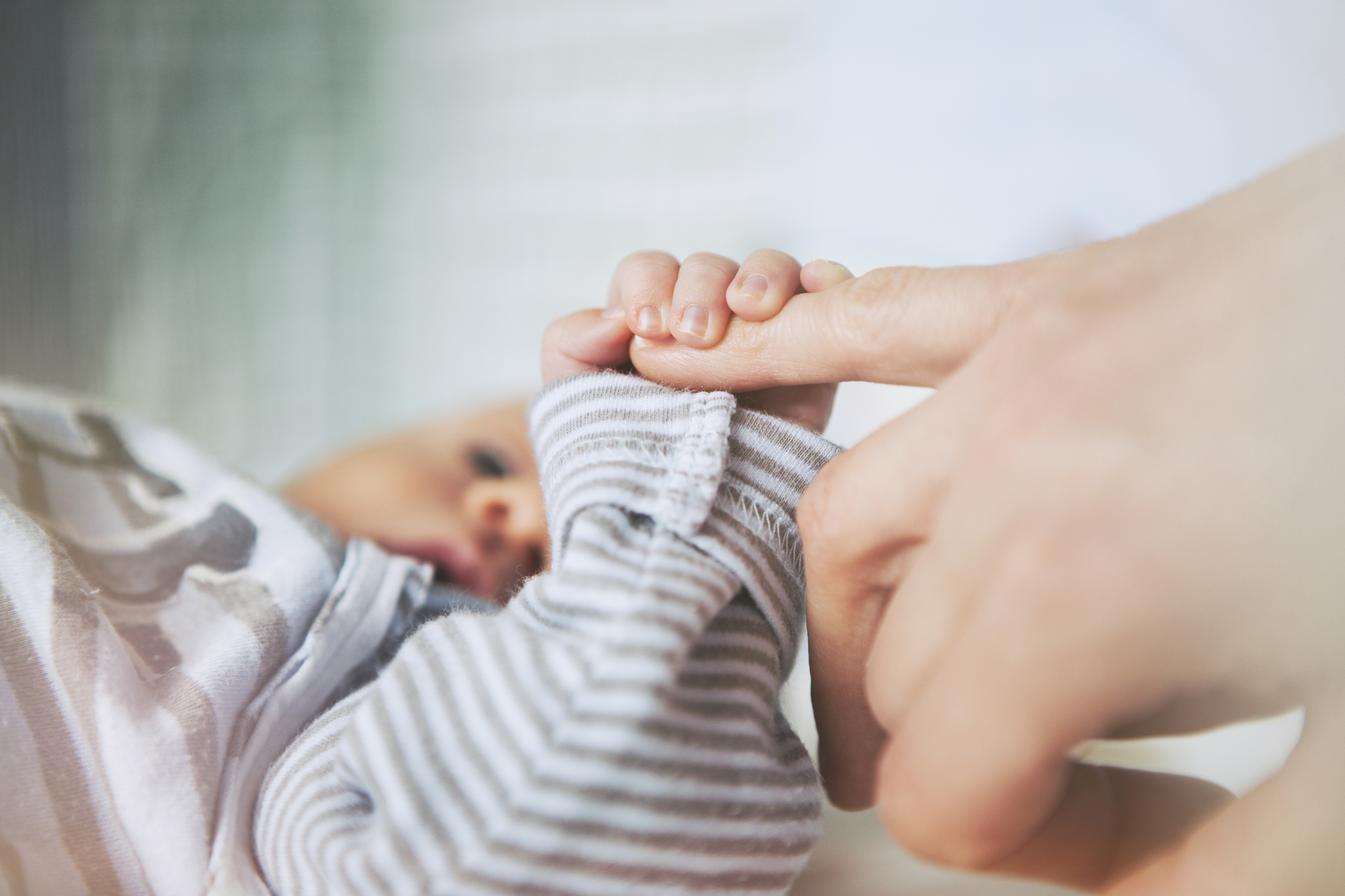 A newborn baby holding a persons finger