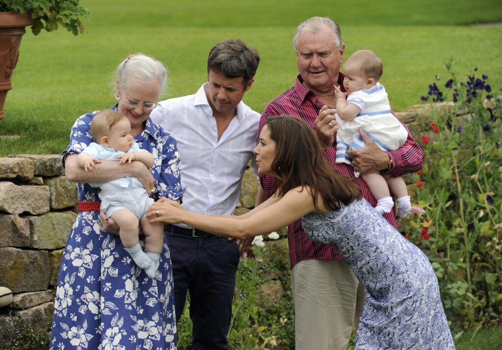 Queen Margrethe, Princes Consort Henrik, Crown Prince Frederik and Crown Princess Mary and in the garden of Grasten Castle
