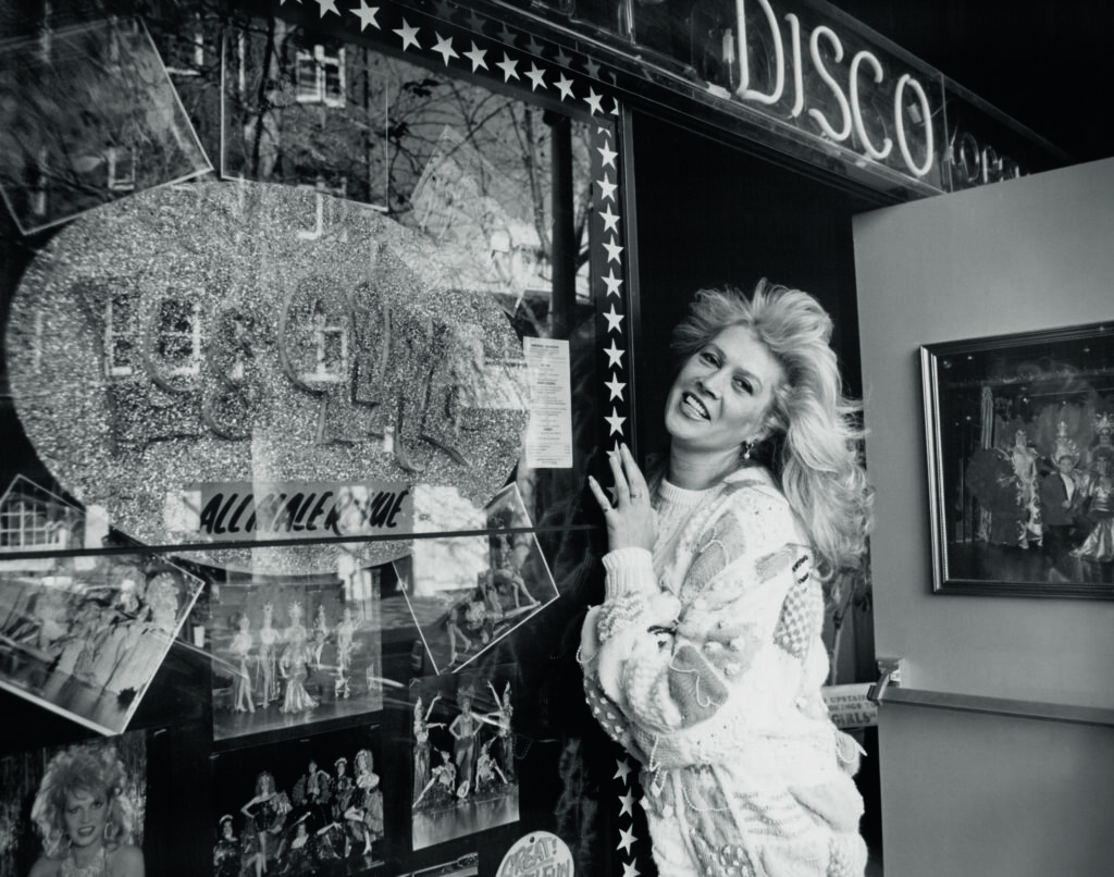 1991: Carlotta poses outside the Les Girls building, which was purpose-built for the show.