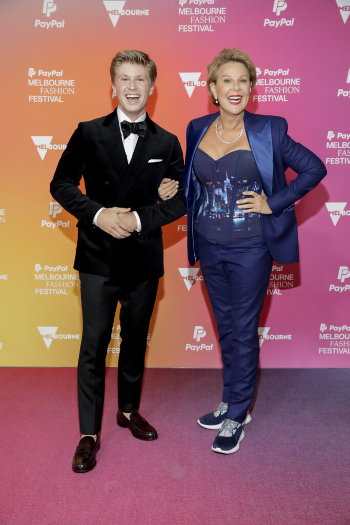 MELBOURNE, AUSTRALIA - MARCH 06: Robert Irwin and Julia Morris arrive for the Suit Up Runway at Melbourne Fashion Festival 2024 on March 06, 2024 in Melbourne, Australia. (Photo by Sam Tabone/WireImage)