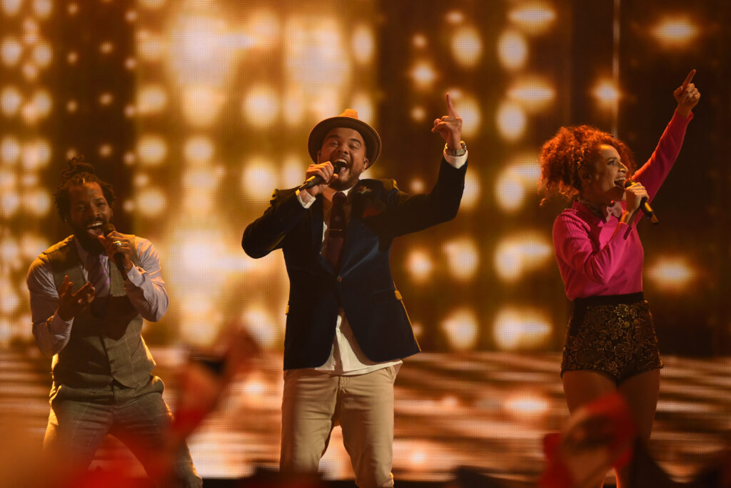 Australian musician Guy Sebastian performs on stage during the final of the Eurovision Song Contest.