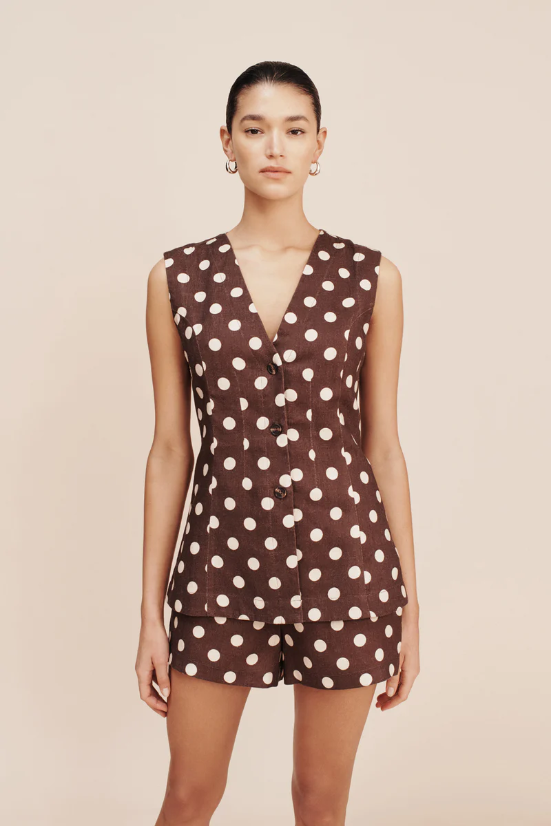 POSSE brown with white spots short sleeve top and shorts