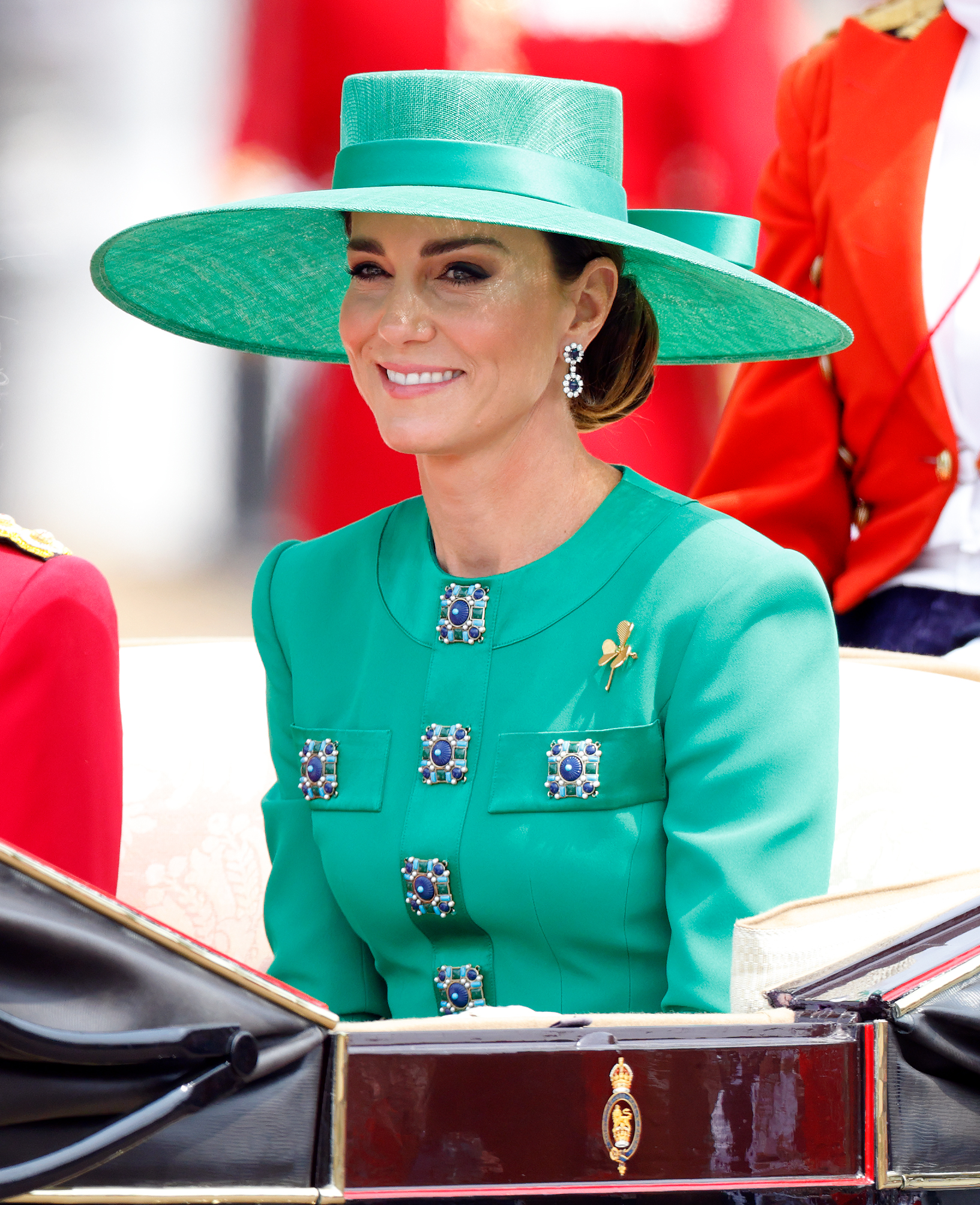 LONDON, UNITED KINGDOM - JUNE 17: (EMBARGOED FOR PUBLICATION IN UK NEWSPAPERS UNTIL 24 HOURS AFTER CREATE DATE AND TIME) Catherine, Princess of Wales (Colonel of The Irish Guards) returns to Buckingham Palace in a horse drawn carriage after attending Trooping the Colour on June 17, 2023 in London, England. Trooping the Colour is a traditional military parade held at Horse Guards Parade to mark the British Sovereign's official birthday. It will be the first Trooping the Colour held for King Charles III since he ascended to the throne. (Photo by Max Mumby/Indigo/Getty Images)