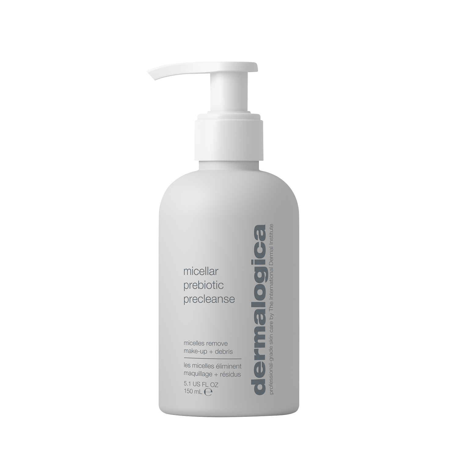 Bottle of Dermalogica Micellar Prebiotic Precleanse with pump dispenser, 150 ml size, on a white background.