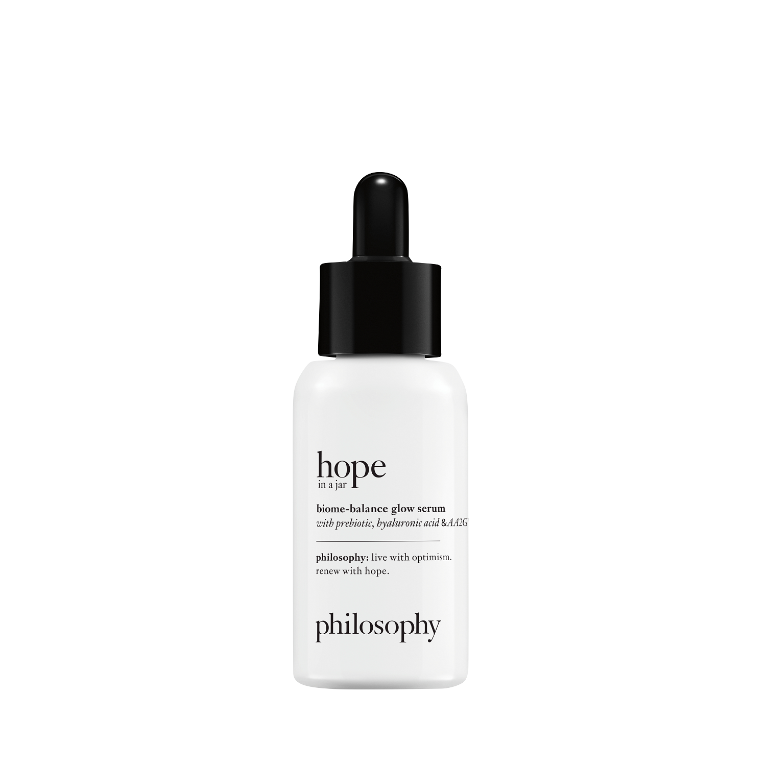 White bottle of Philosophy "Hope in a Jar" glow serum with a black dropper cap, text detailing contents and brand.