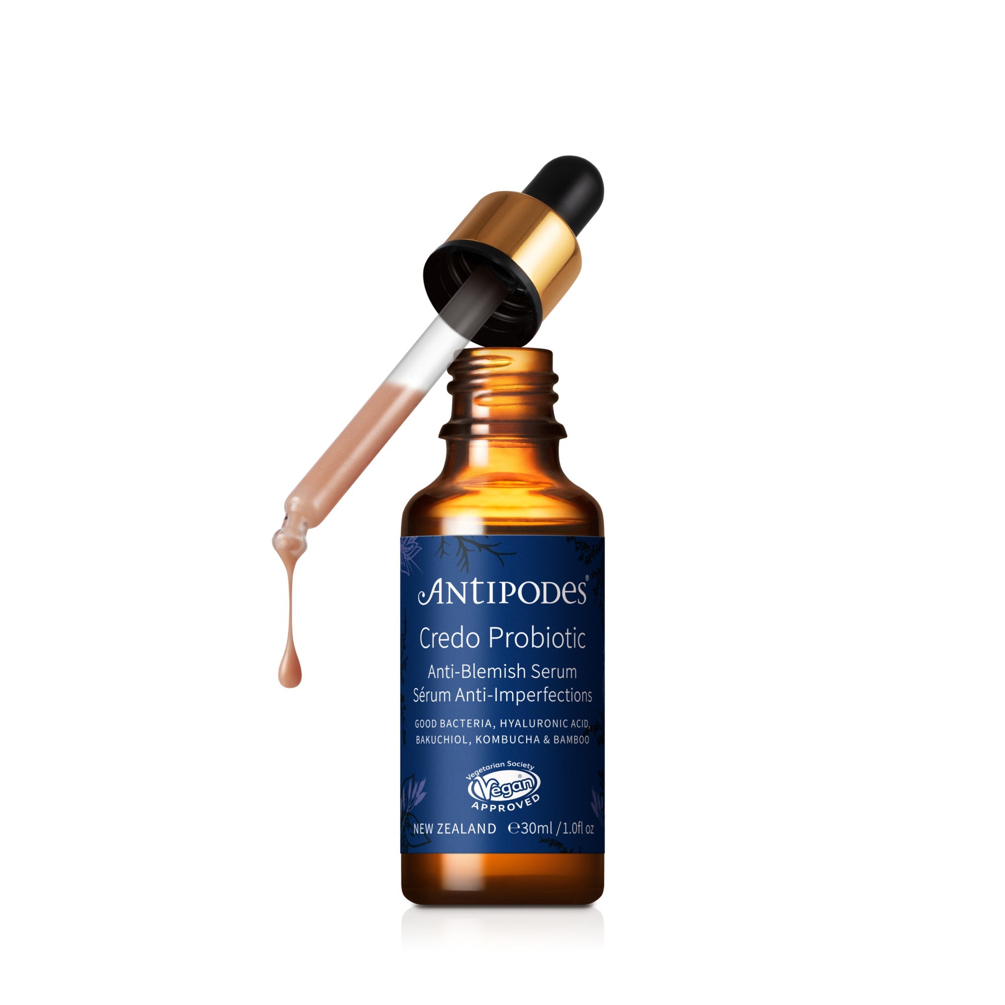 Antipodes Credo Probiotic Anti-Blemish Serum bottle with dropper, labeled vegan and New Zealand made.