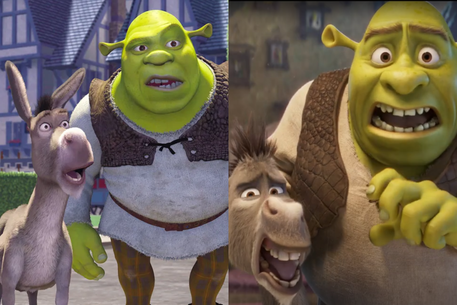 a still from shrek side by side with a still from shrek 5
