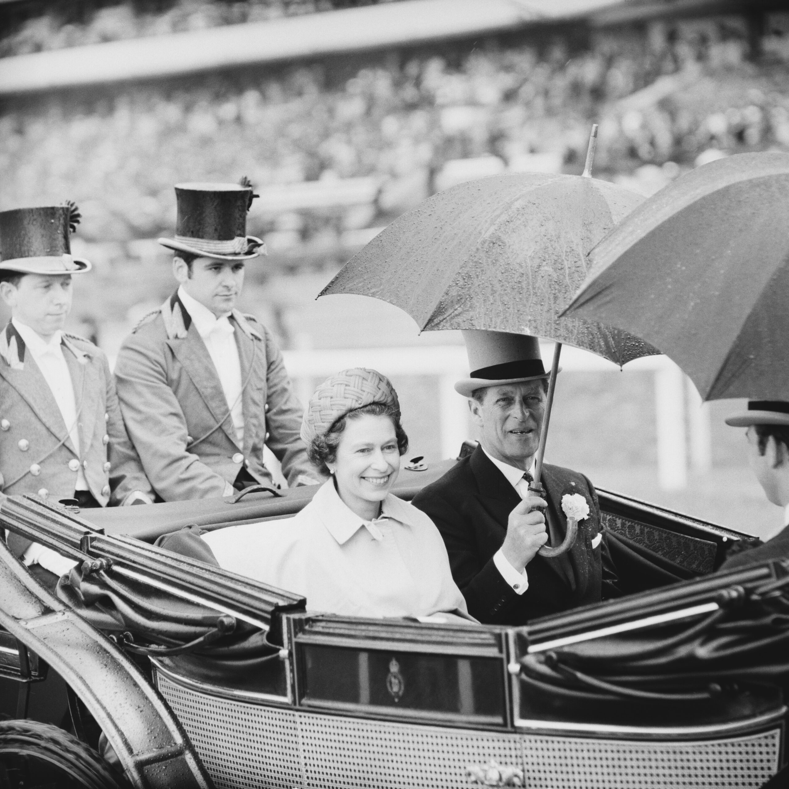 Queen Elizabeth II and Prince Philip arrive on a carriage at Royal Ascot, Ascot Racecourse, UK, 18th June 1969. (Photo by Evening Standard/Hulton Archive/Getty Images)